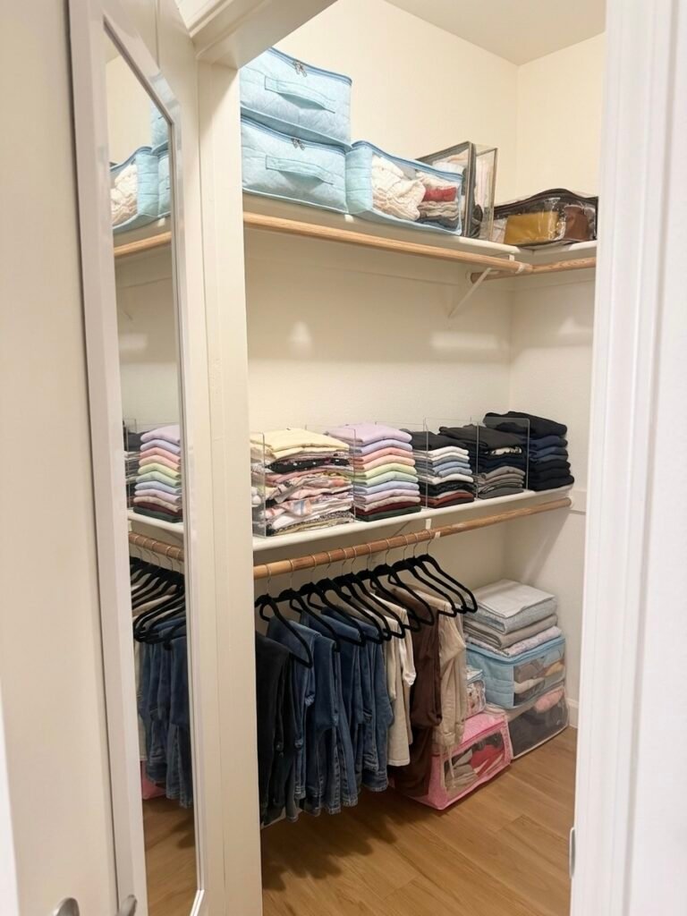 7 Small Closet Organization Hacks for Renters closet with over the door mirror