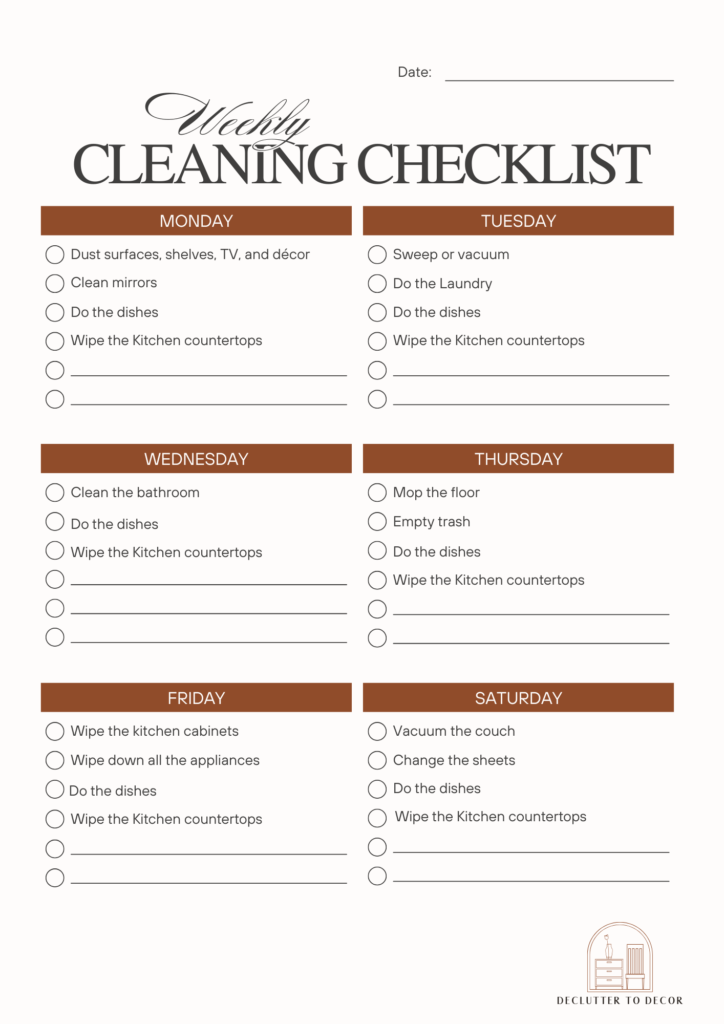 A Simple Weekly Cleaning Schedule for a Tidy Home weekly cleaning checklist