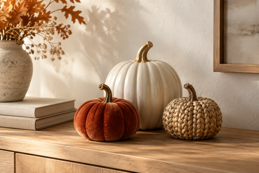 autumn pumpkins on a light oak console 1