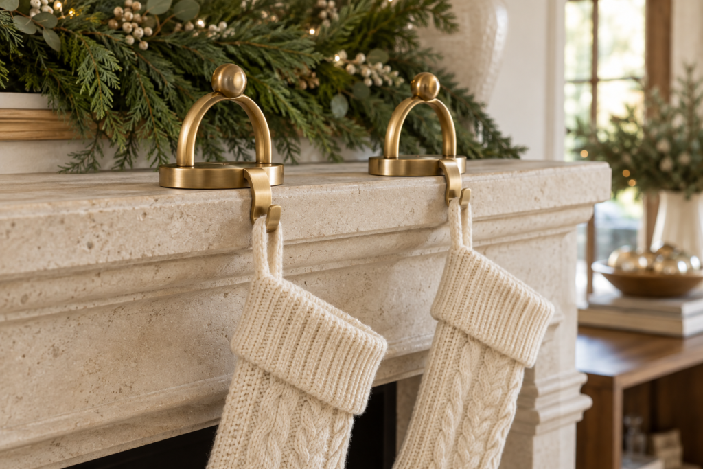 brass stocking holders on a calm mantel 11