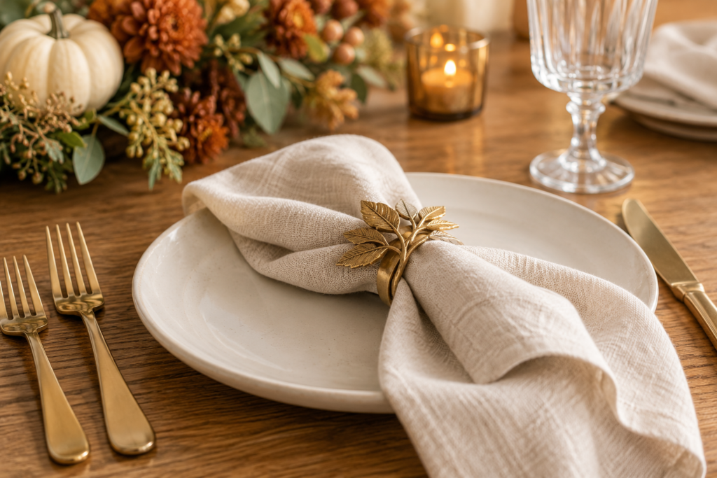 thanksgiving place setting with brass leaf ring 6