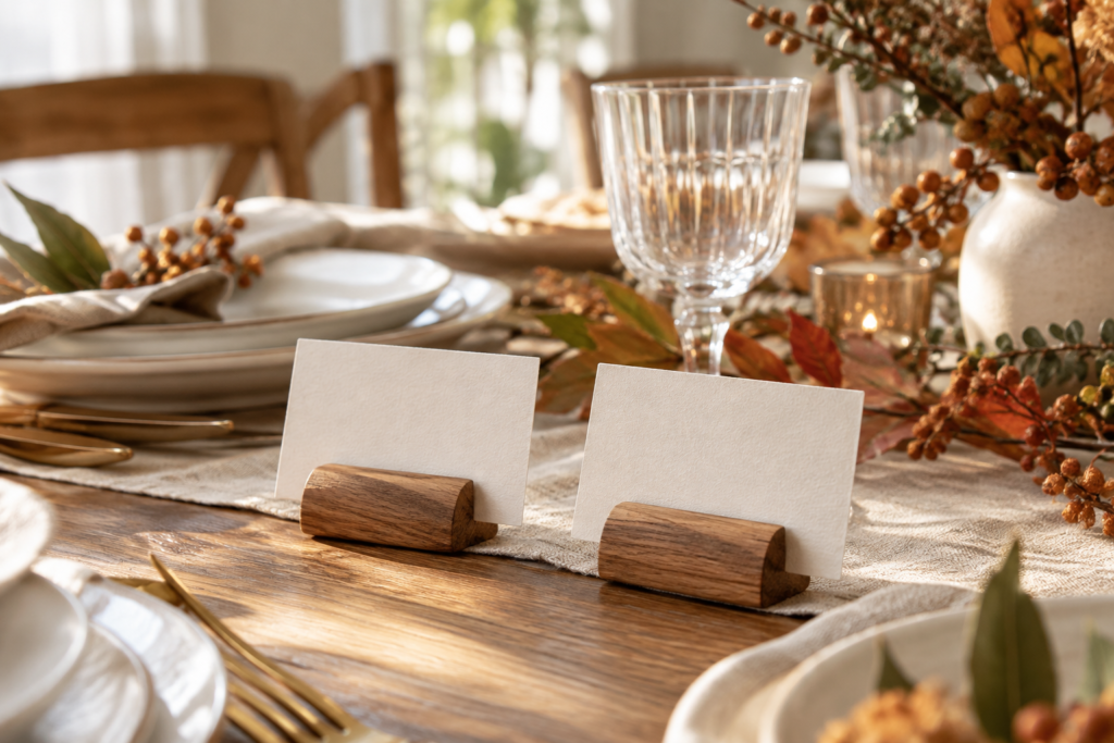warm oak place cards on thanksgiving table 7